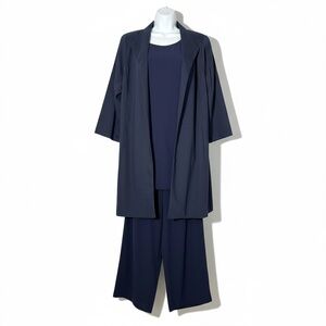 Eileen Fisher Silk 3 Piece Suit Womens L/XL Jacket Tank Pants Navy Blue Evening